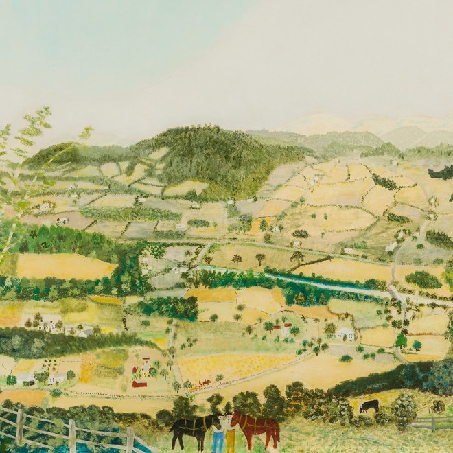 ANNA MARY ROBERTSON "GRANDMA" MOSES (1860–1961), "Lower Cambridge Valley," 1942. Oil on panel, 22 x 26 in. (detail).