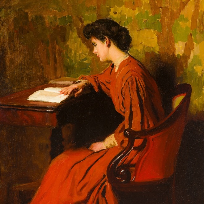 THOMAS ANSHUTZ (1851–1912), Woman Reading at a Desk, c. 1910. Oil on canvas, 26 x 24 in. (detail).