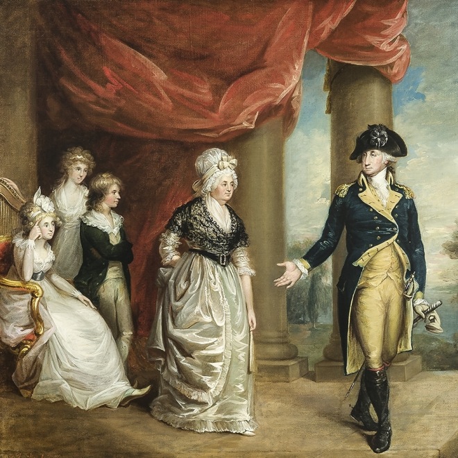 JEREMIAH PAUL, JR. (about 1771–1820), "George Washington Taking Leave of His Family," about 1796–1800. Oil on canvas, 24 3/8 x 29 3/8 in. (detail).