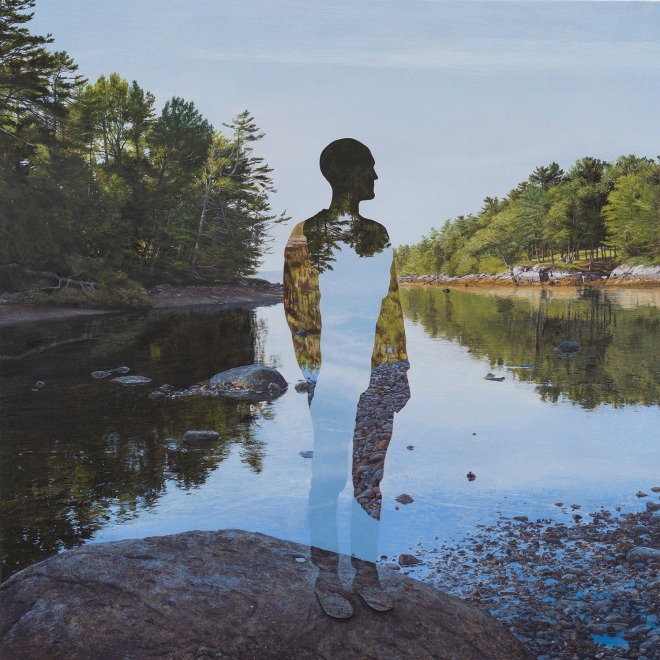 an egg tempera painting by Colin Hunt of a silhouette's void standing on the edge of a lake