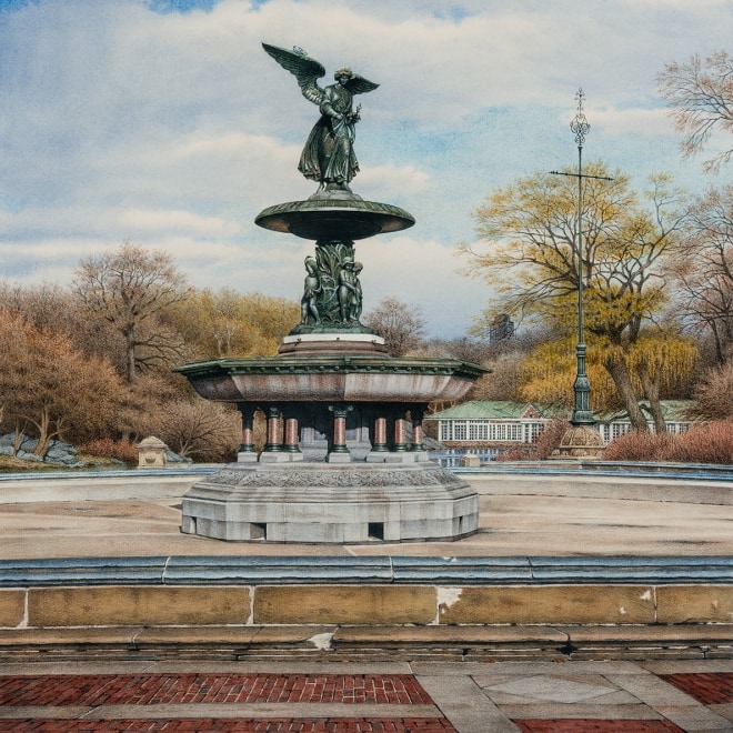 Frederick Brosen (b. 1954), "Bethesda Fountain, Central Park," watercolor and graphite on paper, 45 x 30 in. (detail).