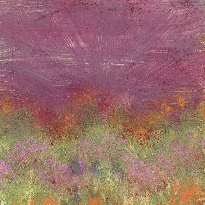 a landscape painting by Frank Walter of flowers in a field with a pink sky