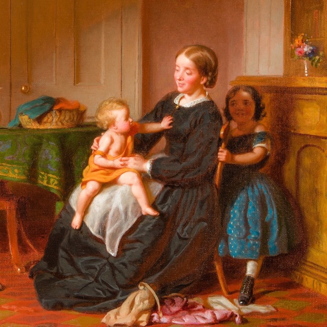 SEYMOUR JOSEPH GUY (1824–1910), "Peek-a-Boo." Oil on canvas, 12 x 15 1/8 in. (detail).
