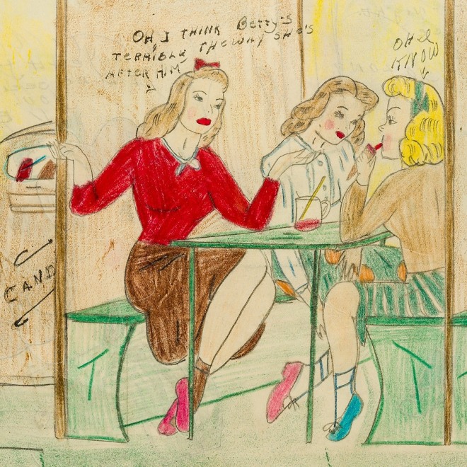 a drawing by self-taught artist Mary P. Corbett of her "The Catville Kids" at the Malt Shop