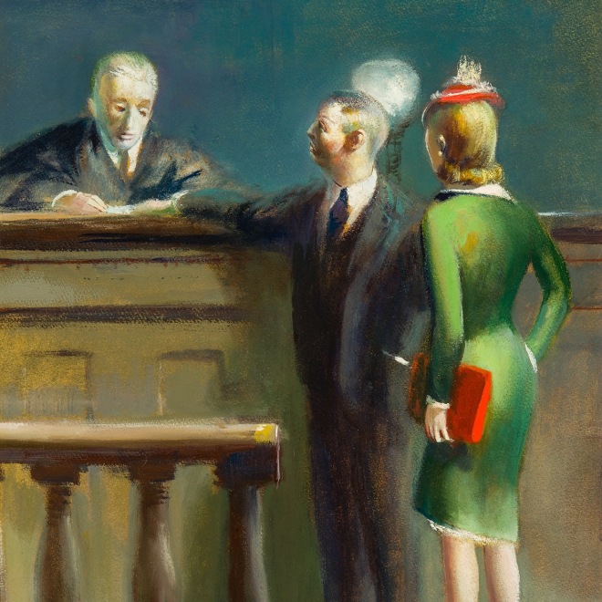 GUY PÈNE DU BOIS (1885–1958), "At the Bench," 1947. Oil on paper board mounted on Masonite, 25 1/2 x 19 in. (detail).