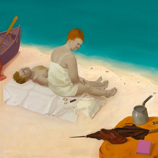 a surrealist painting by Honoré Sharrer of a man and woman laying on the beach