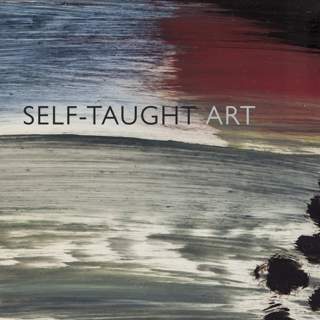 Cover detail of "Self-taught Art" e-catalogue released on May 11, 2020. Title "Self-taught Art" is superimposed over a detail of Frank Walter (1926–2009), "View of Coast with Grey Clouds." Oil on photographic paper, 8 x 10 in.