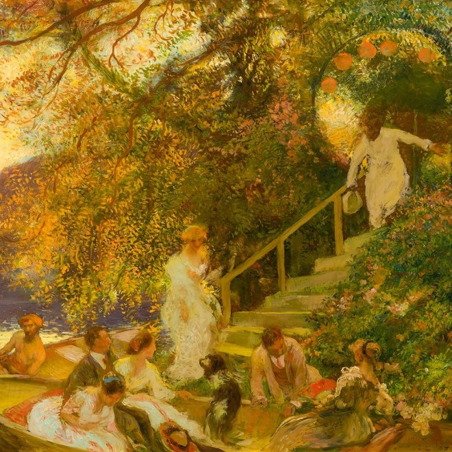 GASTON LA TOUCHE (French, 1854–1913), "L’embarquement (The Embarkation)." Oil on wood panel, 26 1/2 x 31 3/4 in. (detail).
