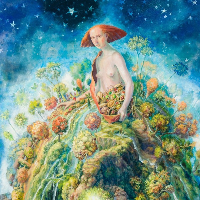 a painting by Julie Heffernan of a woman in the cosmos whose skirt is a landscape full of trees and rivers and waterfalls