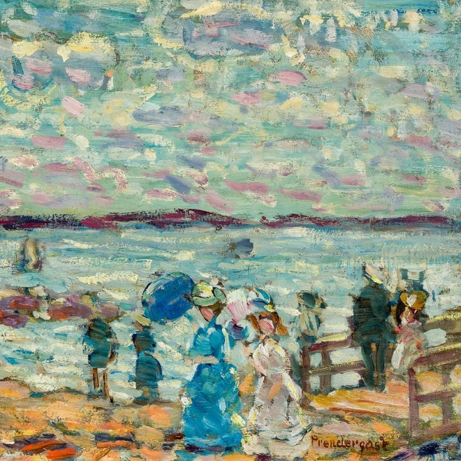 MAURICE PRENDERGAST (1858–1924), "Figures on the Pier," about 1907–10. Oil on wood panel, 10 1/8 x 13 1/2 in. (detail).