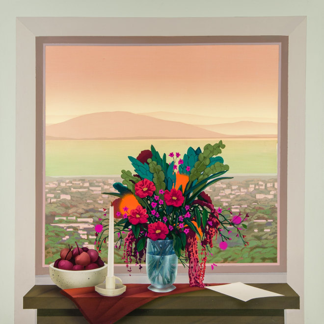 "The Promise," a painting by Robert Minervini of flatly-painted objects in front of a window with a city and water below