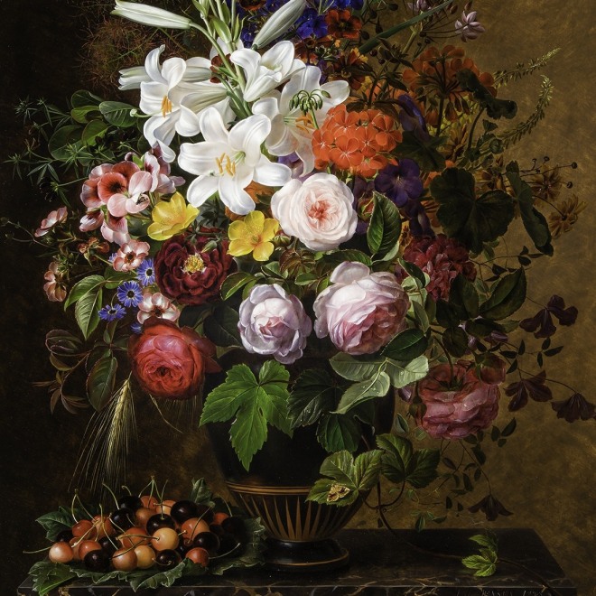 JOHAN LAURENTZ JENSEN (Danish, 1800–1856),  "Lilies, Orange and Pink Pelargonium, Roses and other Flowers in a Greek Vase on a Marble Ledge with Cherries," 1848. Oil on wood panel, 31 x 23 1/2 in. (detail). 