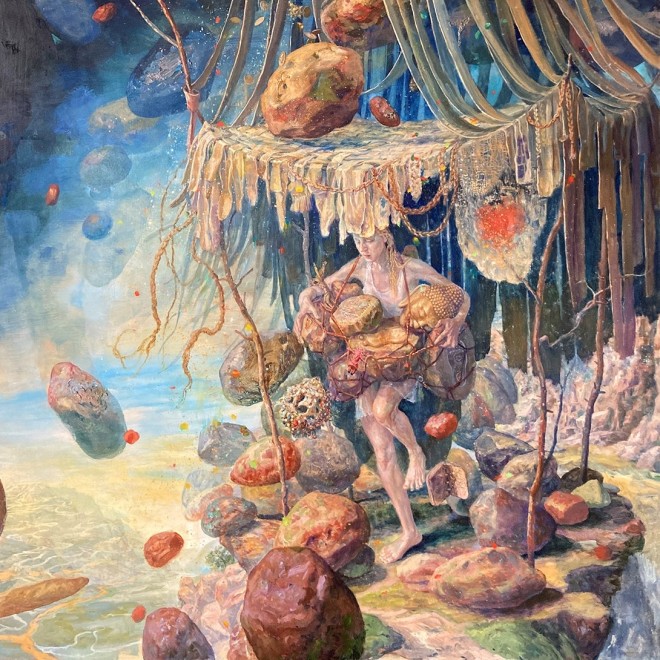 a painting by Julie Heffernan of a woman carrying various artefacts while boulders fall all around her