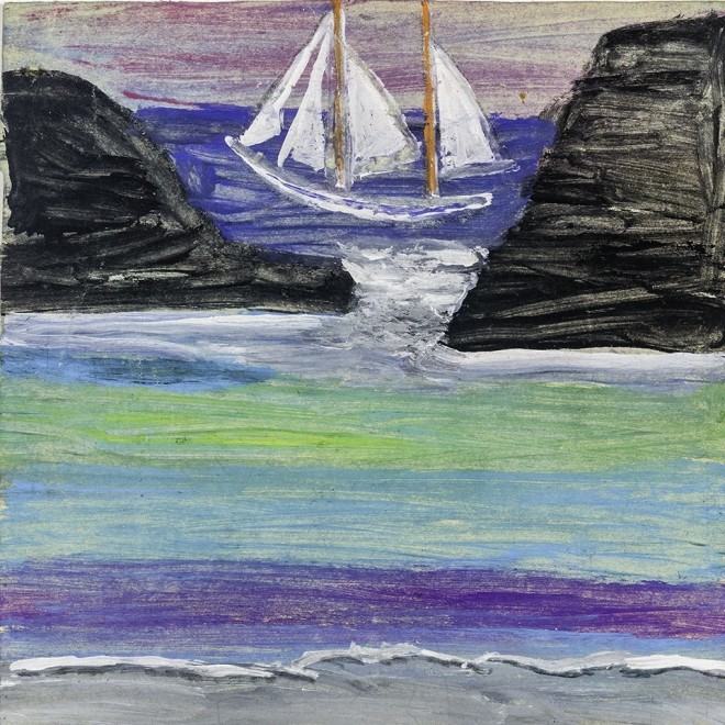 Frank Walter (1926–2009), "Coastal Scene with Boat, Cliffs, and Shorebird." Mixed media on paper, 9 3/8 x 6 1/4 in. (detail).