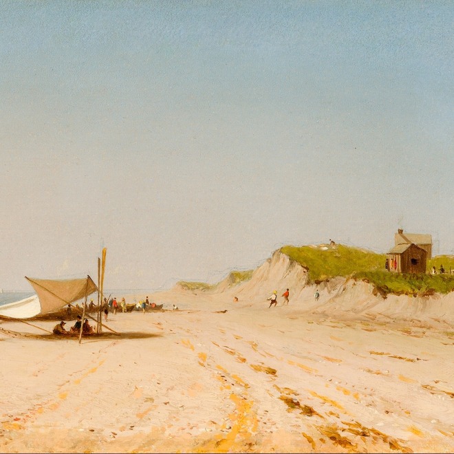 SANFORD ROBINSON GIFFORD (American, 1823–1880), "Long Branch Beach," 1867. Oil on canvas, 9 x 19 1/2 in. (detail).