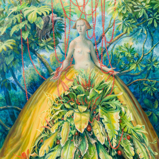 a painting by Julie Heffernan of a woman in a landscape, with red pearl necklaces and a skirt made of leaves