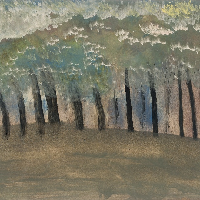 a painting by self-taught artist Frank Walter of a dense forest of black trunked trees