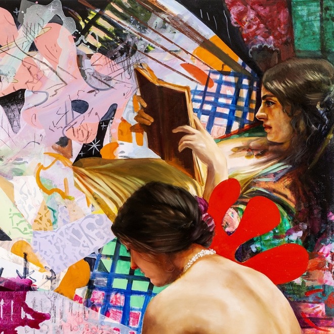 a painting by Angela Fraleigh of two women from various art historical sources reading within a complex and hallucinatory patterned background
