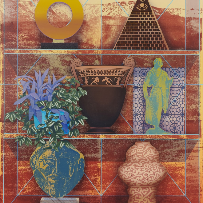 a painting by Robert Minervini of flatly-painted vases, sculpture and plants on an abstract shelf
