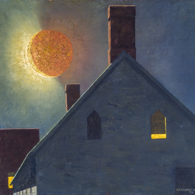 HANS WEINGAERTNER (1896–1970), "Small Eclipse," 1938. Oil on wood panel, 17 1/2 x 19 1/2 in. (detail).