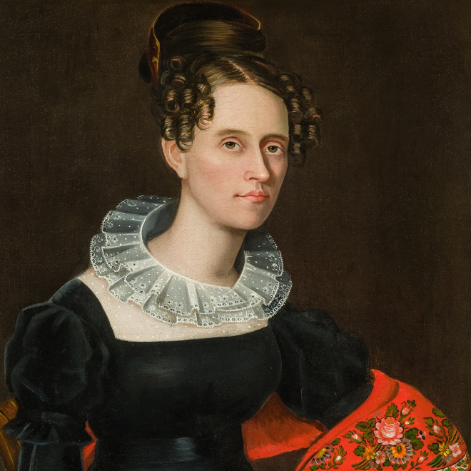 AMMI PHILLIPS (1788–1865), "Lady with a Red Flowered Shawl," c. 1824–29. Oil on canvas, 33 1/4 x 26 1/8 in. (detail).