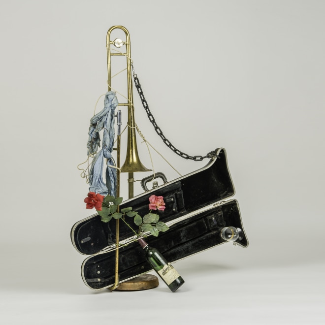 Lonnie Holley (b. 1950), "Untitled (Horn & Wine Bottle), Floor Piece," c. 2002–03. Mixed media assemblage, 49 1/2 in. high x 38 1/2 in. wide x 14 1/2 in. deep