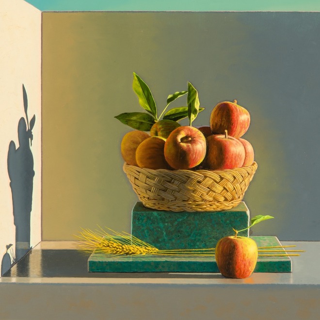a painting by David Ligare of wheat, a pomegranate and a basket of figs on a round table by the sea