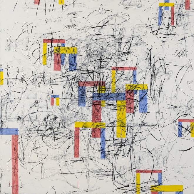 an untitled abstract painting by Louisa Chase featuring primary-colored house forms on a white background