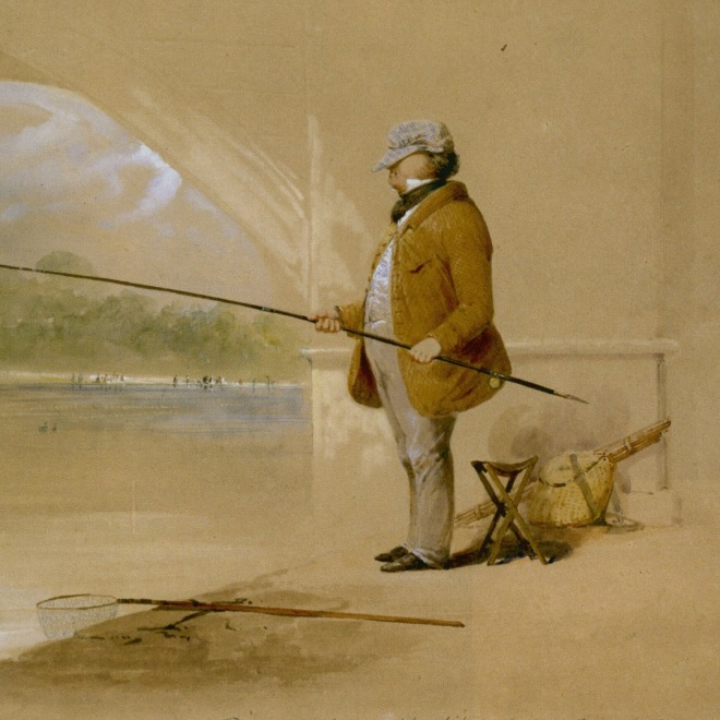 JOHN GADSBY CHAPMAN (1808–1889), "The Man Who Caught a Fish in the Serpentine, London," 1848. Watercolor, 8 13/16 x 12 13/16 in., on original mount, 11 x 16 1/2 in. (detail).