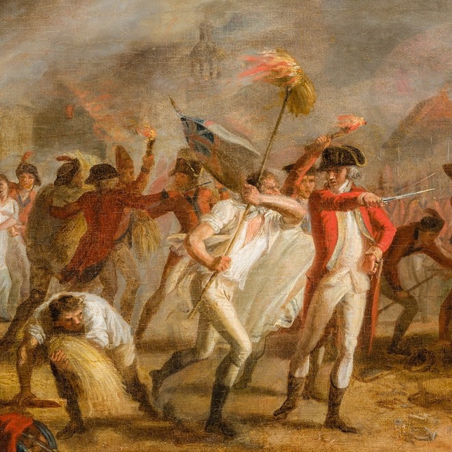 JOHN TRUMBULL (1756–1843), "The Burning of New London," about 1785. Oil on canvas, 14 x 20 in. (detail).