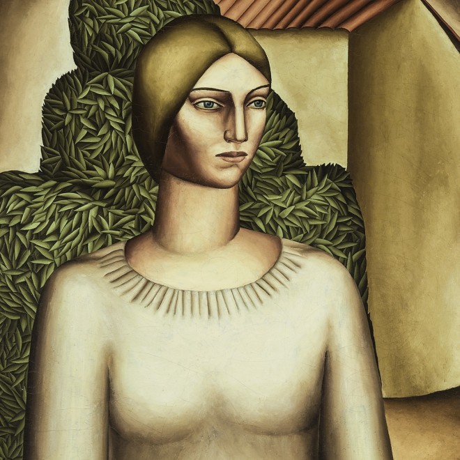 EVERETT GEE JACKSON (1900–1995), "Girl with Acacia Tree," 1931. Oil on canvas, 27 x 23 in. (detail).