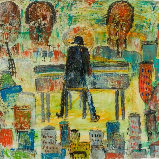 PURVIS YOUNG (1943–2010), "Thelonius Monk, Jazz in Colored Town," c. 1970s. Paint on canvas, 48 x 68 in. (detail).
