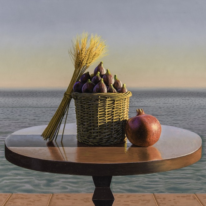 a still-life painting by David Ligare of wheat, figs and a pomegranate on a table by the sea