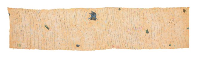 Long horizontal peach colored painting with texts