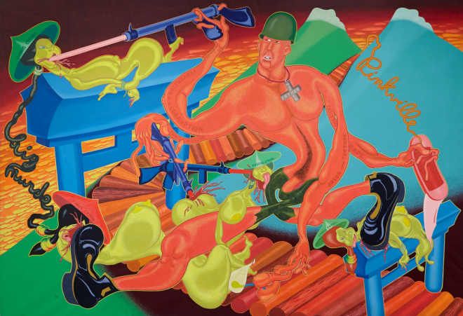 PETER SAUL,&nbsp;PINKVILLE, 1970, ACRYLIC ON CANVAS, 90&Prime; X 131&Prime;.