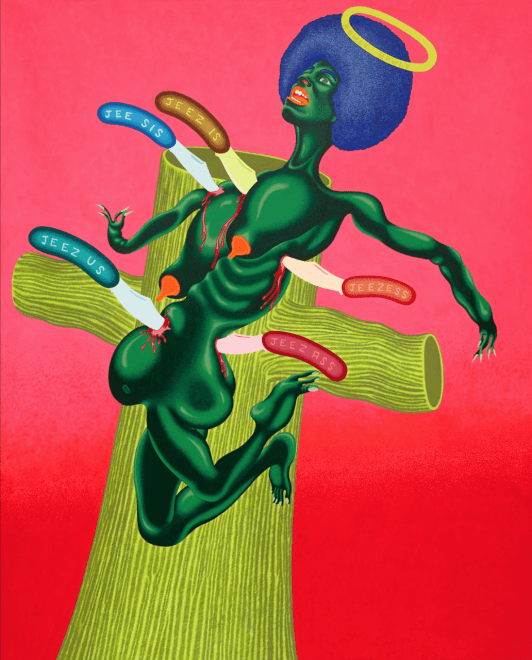 Peter Saul, &ldquo;Crucifixion of Angela Davis&rdquo; (1973), acrylic on canvas, 83 1/2 x 67 1/2 inches