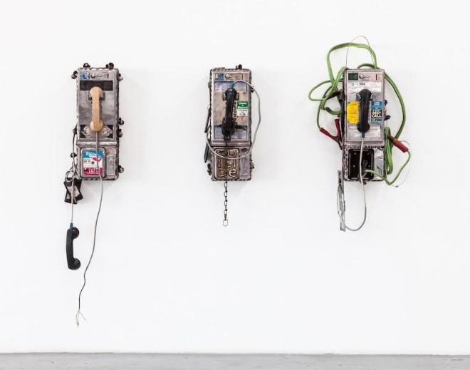 Jason Matthew Lee,&nbsp;bruteforcephreak series&nbsp;(2017). Mixed media on cut and welded pay-phones. Image courtesy of VENUS LA. Photo: Lazaros.