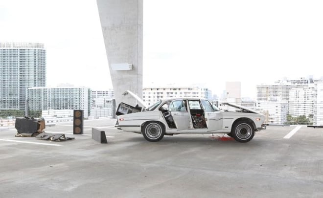 &#039;Welfare Mothers Make Better Lovers&#039;, by Dan Colen and Nate Lowman, 2008, comprises a refashioned 1973 Jaguar. The car park itself was designed by architects Herzog &amp;amp; de Meuron