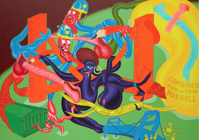 PETER SAUL,&nbsp;SELF DEFENSE, 1969, ACRYLIC ON CANVAS, 68&Prime; X 96&Prime;., &nbsp;