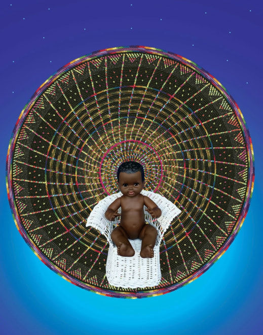 Xenobia Bailey, &ldquo;Still Life Photo Dedicated to all the Babies Born During the Covid-19 Pandemic,&rdquo; hand-crocheted black hole, African-American manufactured doll, handmade miniature wicker chair (all images courtesy Xenobia Bailey)