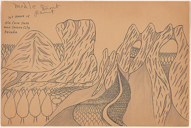 Drawing by Joseph Elmer Yoakum titled Mt Brock of Air Cave Pass Near Carson City Nevada from unknown year