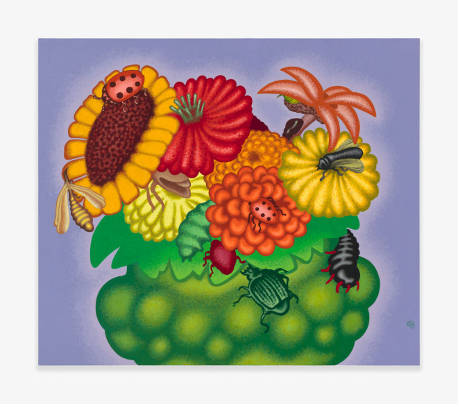 Painting by Peter Saul titled Bowl of Flowers with Insects from 2020