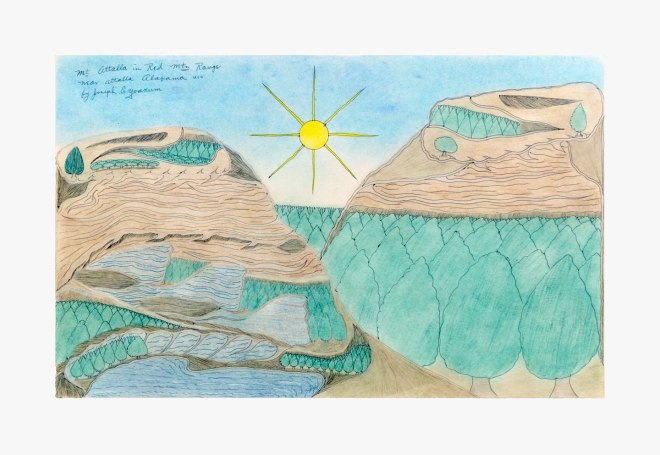 Joseph Elmer Yoakum, Mt Attalla in Red Mtn Range near attalla Alabama usa, n.d., Color pencil, ballpoint pen on paper, 11 7/8 x 18 7/8 in, 30.2 x 47.9 cm. (all photos by Claire Iltis and courtesy Venus Over Manhattan, New York)