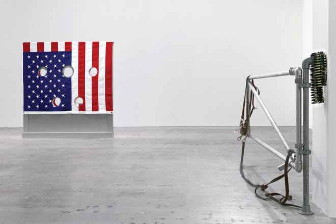 Installation view of &ldquo;Kinetics of Violence: Alexander Calder + Cady Noland,&rdquo; with&nbsp;Gibbet&nbsp;(left), 1993&ndash;94, and&nbsp;Corral Gates&nbsp;(detail), 1989, at Venus Over Manhattan, 2017.&copy; Cady Noland/Courtesy Venus Over Manhattan.&nbsp;