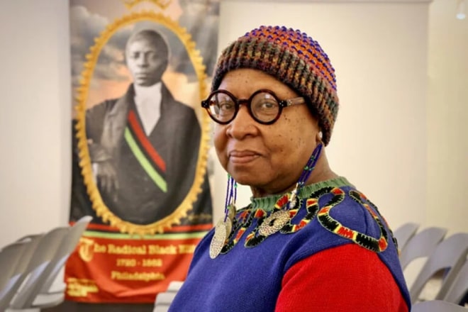 Textile artist Xenobia Bailey designed the banners that have been installed around the Pennsylvania Historical Society, celebrating &#039;&#039;The Radical Black Elite&#039;&#039; of Philadelphia from 1720 to 1862. Her presentation was a sponsored by a collaboration between the Historical Society and the Association for Public Art. (Emma Lee/WHYY)