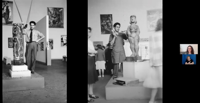 Screenshot of a recorded Zoom session. On the right are two small images of Sasha Davis and the ASL interpreter. The two main images show a man carving a wood trunk into a female figure. There are paintings behind him.
