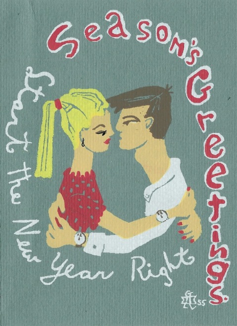 A holiday card printed on blue-green paper with a blonde woman hugging a man with brown hair. Their watches are set to midnight. The figures are surrounded by red and white text reading “Season’s Greetings. Start the New Year Right.”