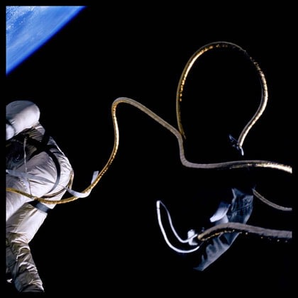 Edward White Spacewalking Above the Texas Coastline; Photographed by James McDivitt, Gemini 4, June 3, 1965