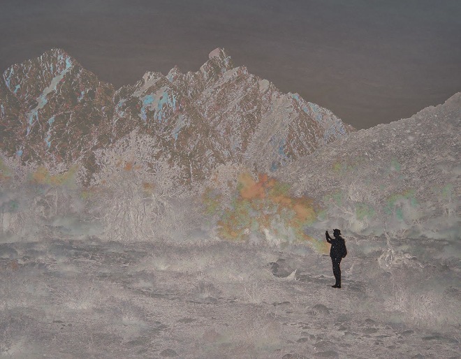 John Brinton Hogan, Hiker Making Snapshot at Copper Mountains, Barry M. Goldwater Range, AZ, November 2019 (Grey Negative with Black Glitter Flocking), from the San Diego Views Portfolio