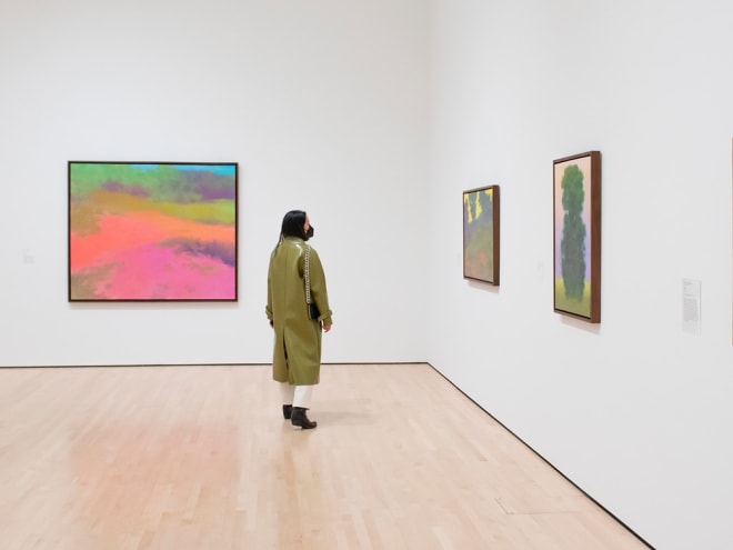 Installation view of Richard Mayhew&rsquo;s work installed in the permanent collection galleries of SFMOMA